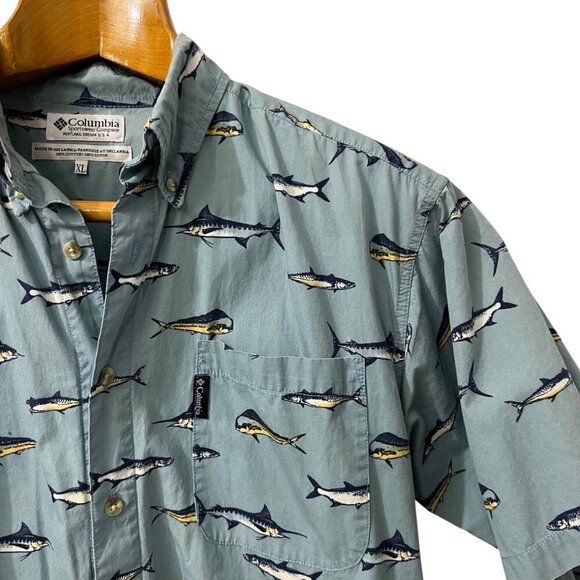 Columbia Men's Short Sleeve Button-Up Shirt With‎ Fish Print Light Blue XL - Picture 4 of 9